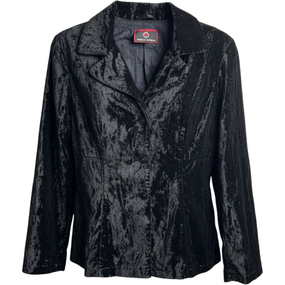 VTG Black Crushed Velvet Lightweight Blazer Jacket Button Up Notch Lapel Goth S
